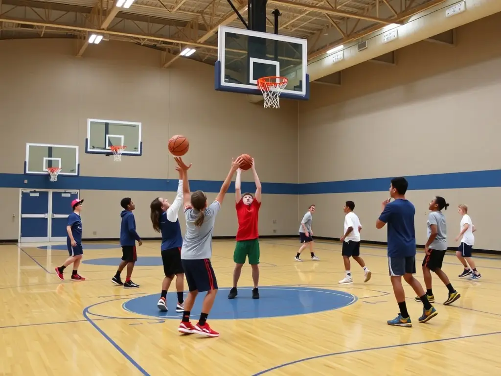 A group of students participating in a basketball training session, focusing on teamwork and coordination, set against the backdrop of the school gymnasium.