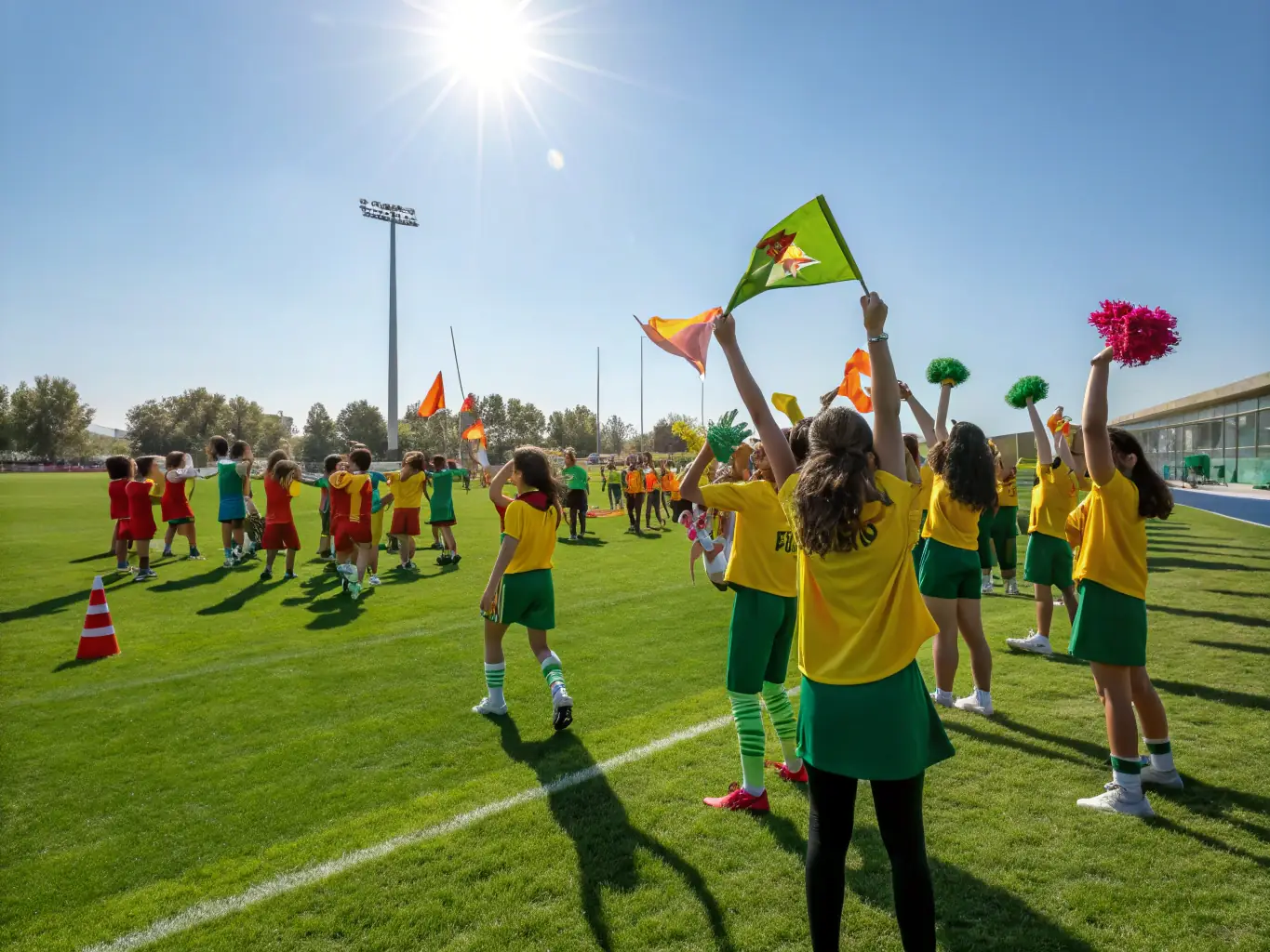 A diverse group of students celebrating a victory after a sports match, showcasing the spirit of teamwork and camaraderie within the association.