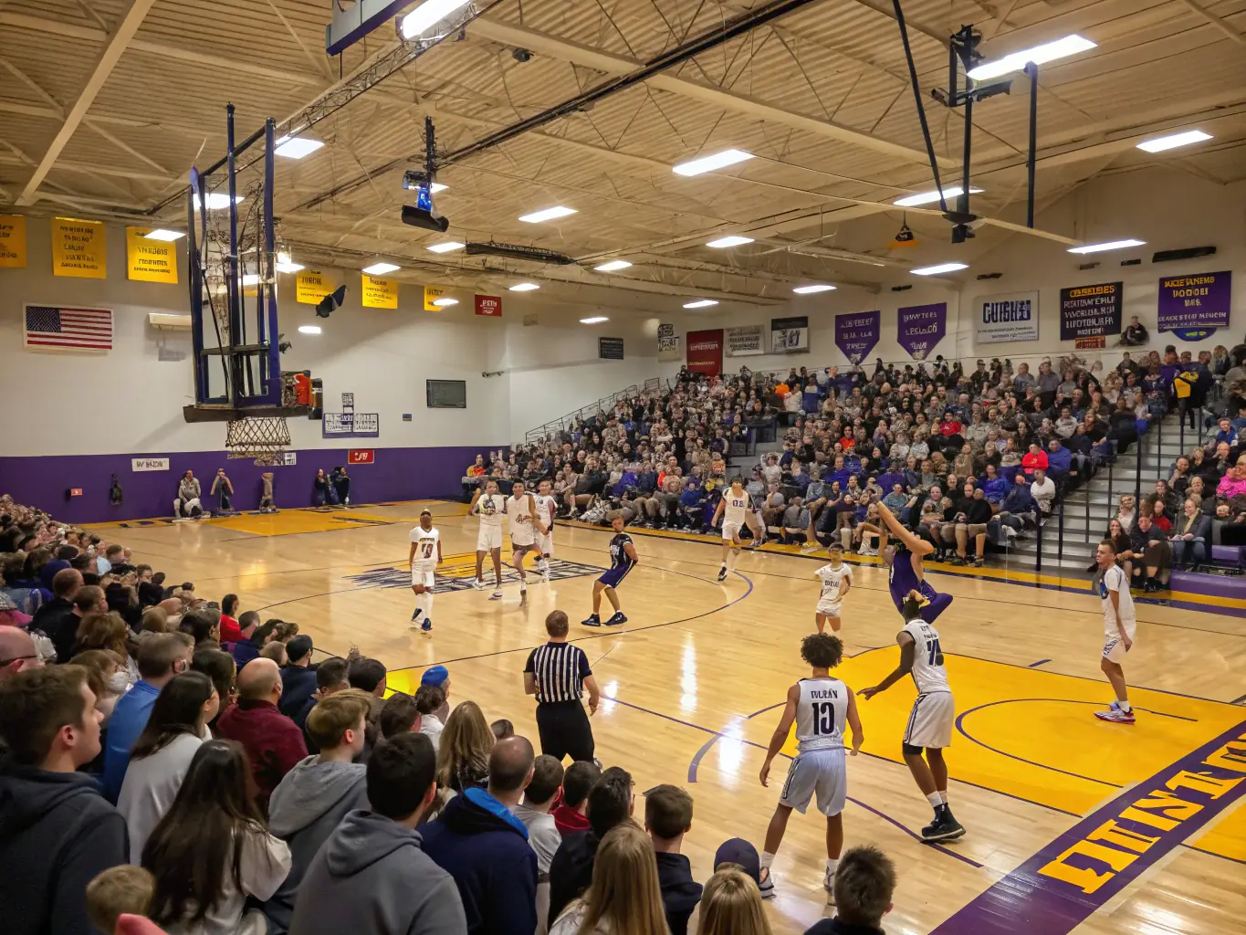 A vibrant image of students participating in a basketball game, highlighting the excitement and competitive spirit of the sport.