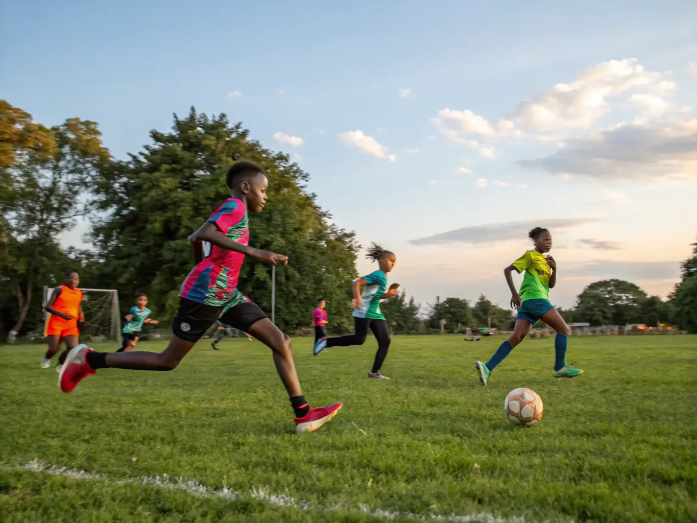 A dynamic action shot of students playing football during a training session, showcasing teamwork and athletic skill.
